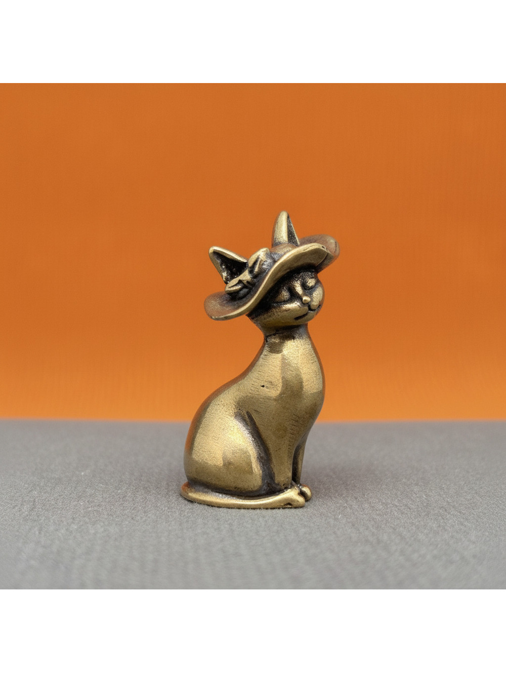 Brass Cat Figurine Wearing a Hat Sculpture